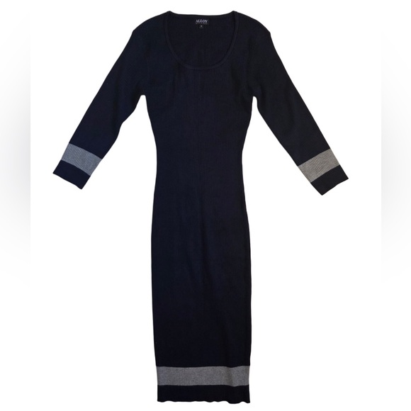 Alloy Long Sleeve Ribbed crew Neck Maxi Elegant Navy Blue and Gray Women's Dress - Picture 1 of 7